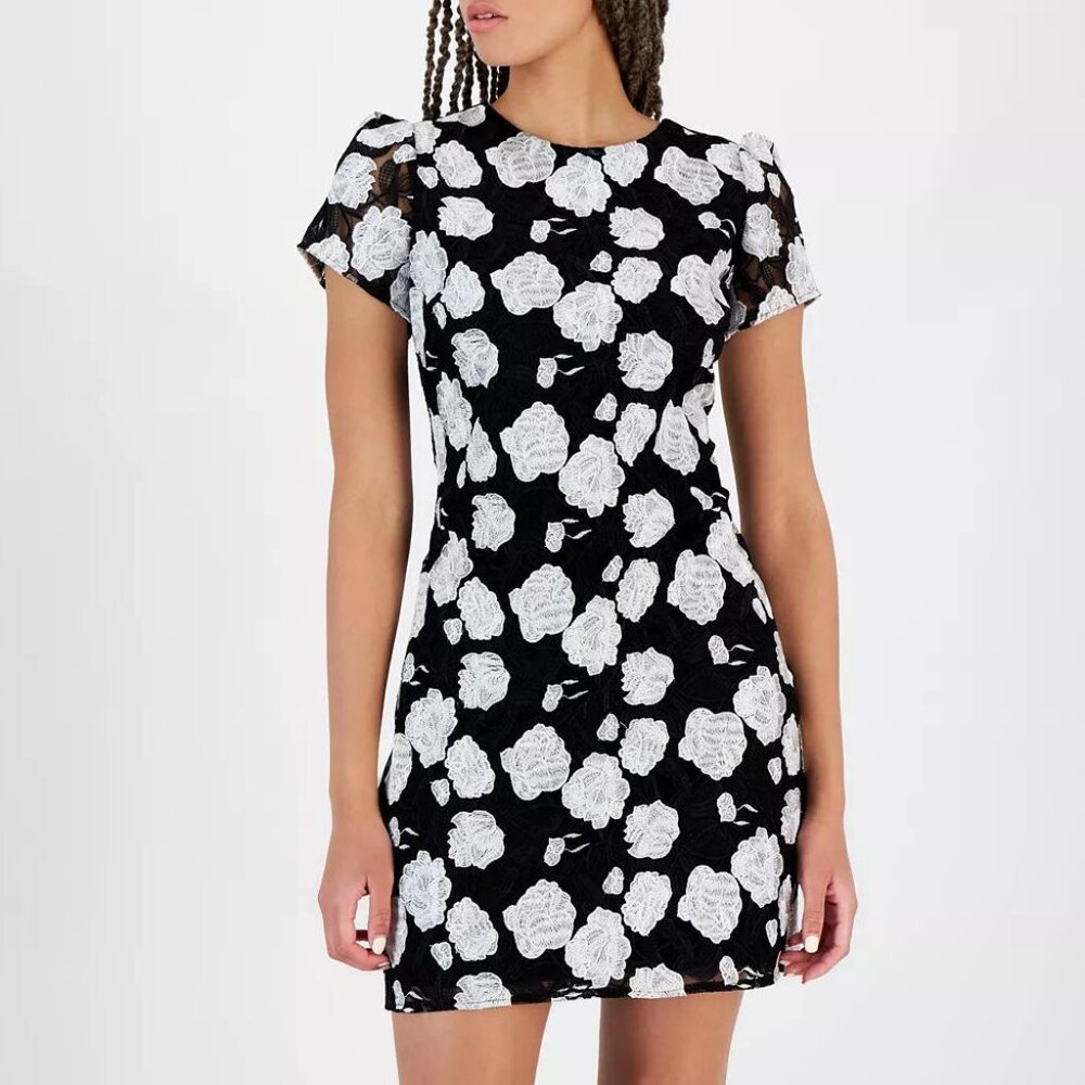 Sam Edelman Black & White Rose-Embroidered Boat-Neck Sheath Dress NWT | Size 10